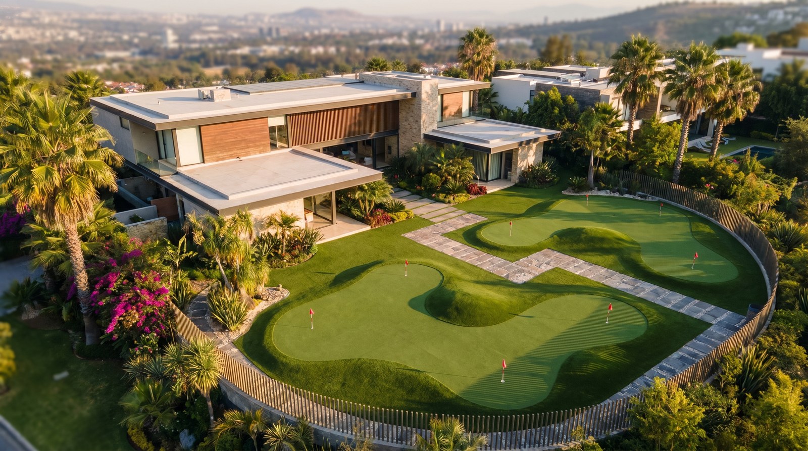 Vista aérea panorámica de residencia premium mexicana con putting green integrado al jardín