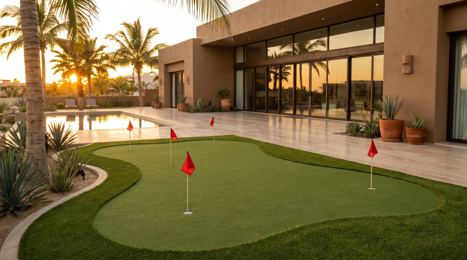 Mini golf residencial premium en jardín de casa en México comparado con alberca