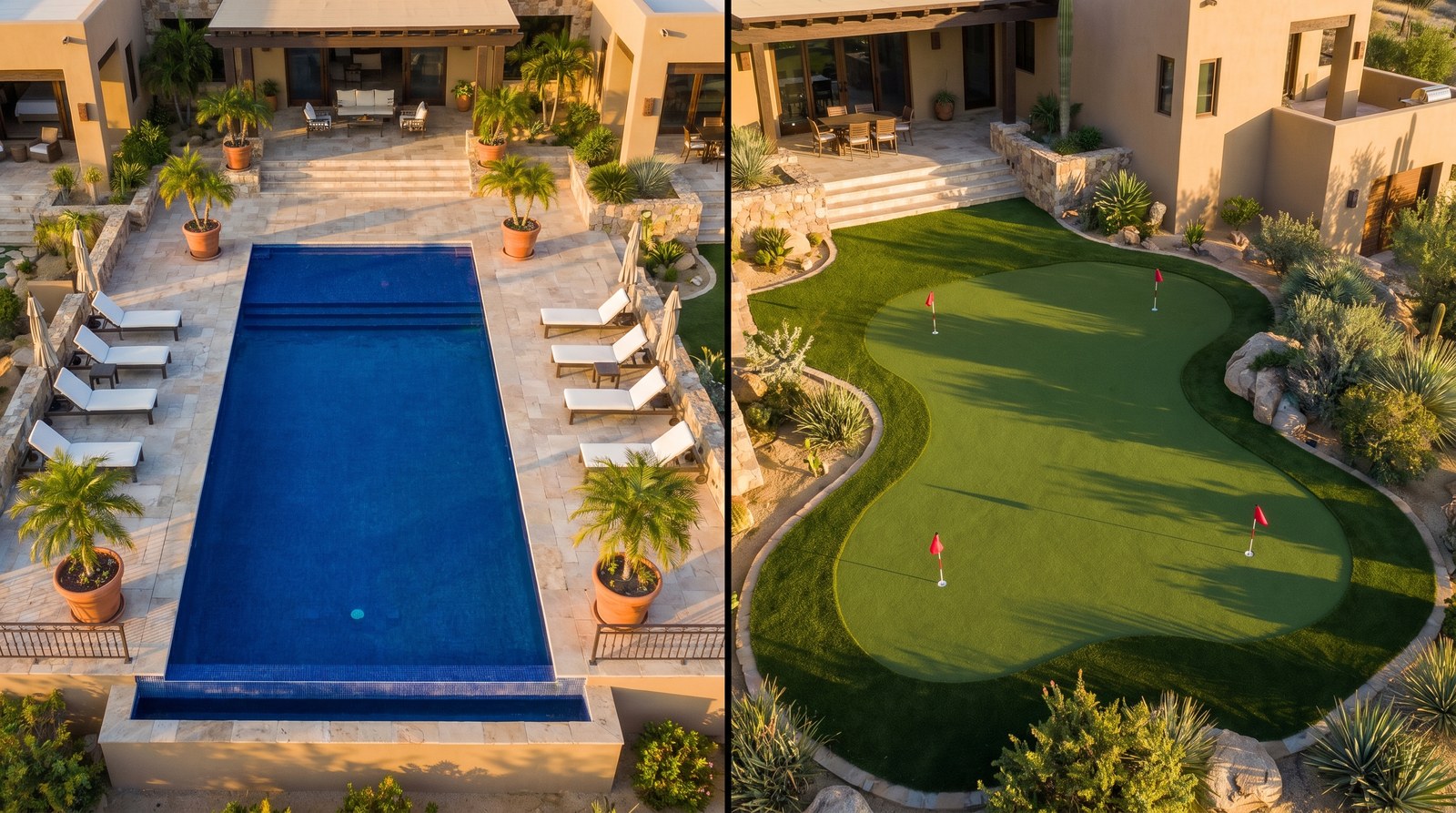 Comparativa visual mini golf residencial vs alberca premium en jardín mexicano