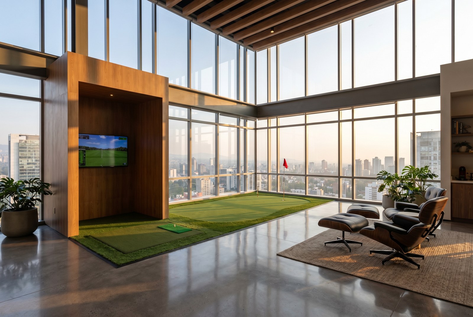 Putting green corporativo en zona de wellness de oficinas premium en México