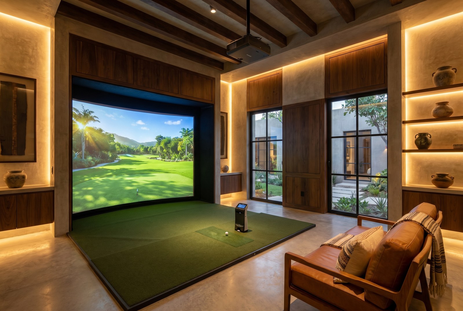 Simulador de golf indoor en casa con proyector y pantalla de impacto y launch monitor