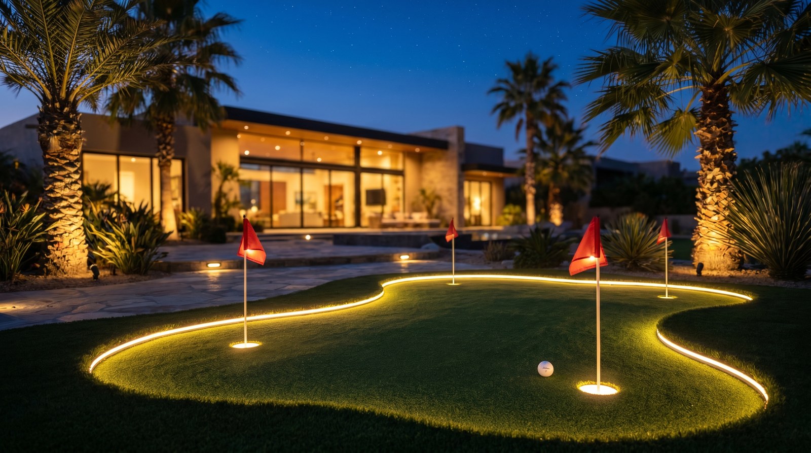 Putting green iluminado de noche con bandera y cup — Hole One Greens México 2026