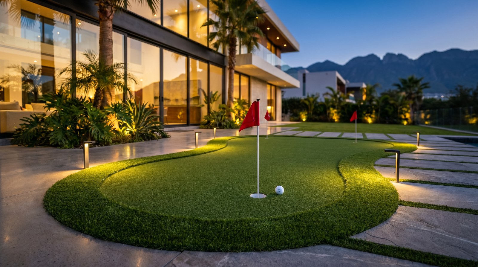 Putting green residencial premium iluminado de noche en residencia mexicana