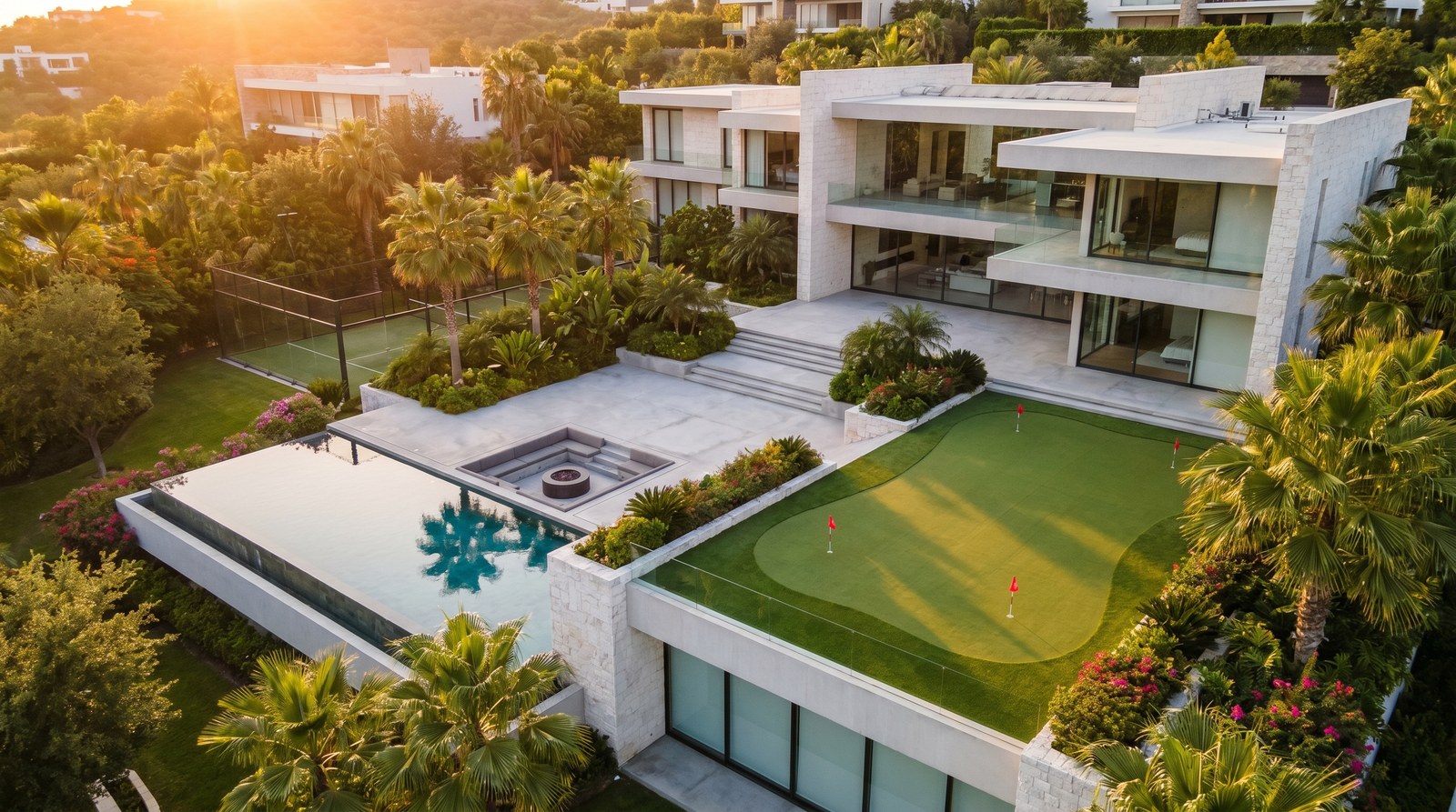 Residencia premium con jardín de lujo y amenidades outdoor: infinity pool, putting green y padel court — vista aérea México 2026