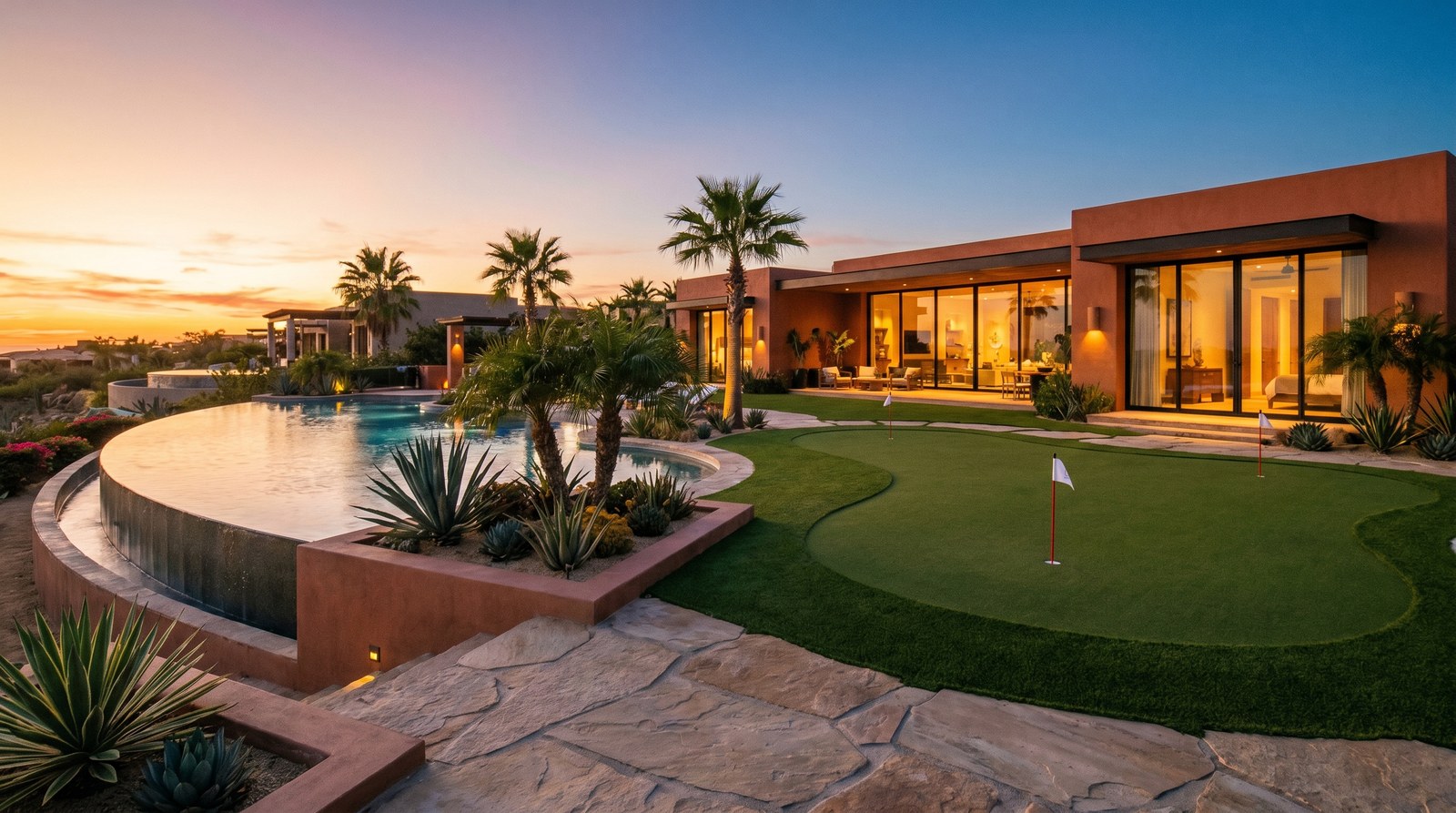 Residencia con amenidades completas — infinity pool y putting green integrados al jardín de lujo al atardecer en zona premium México