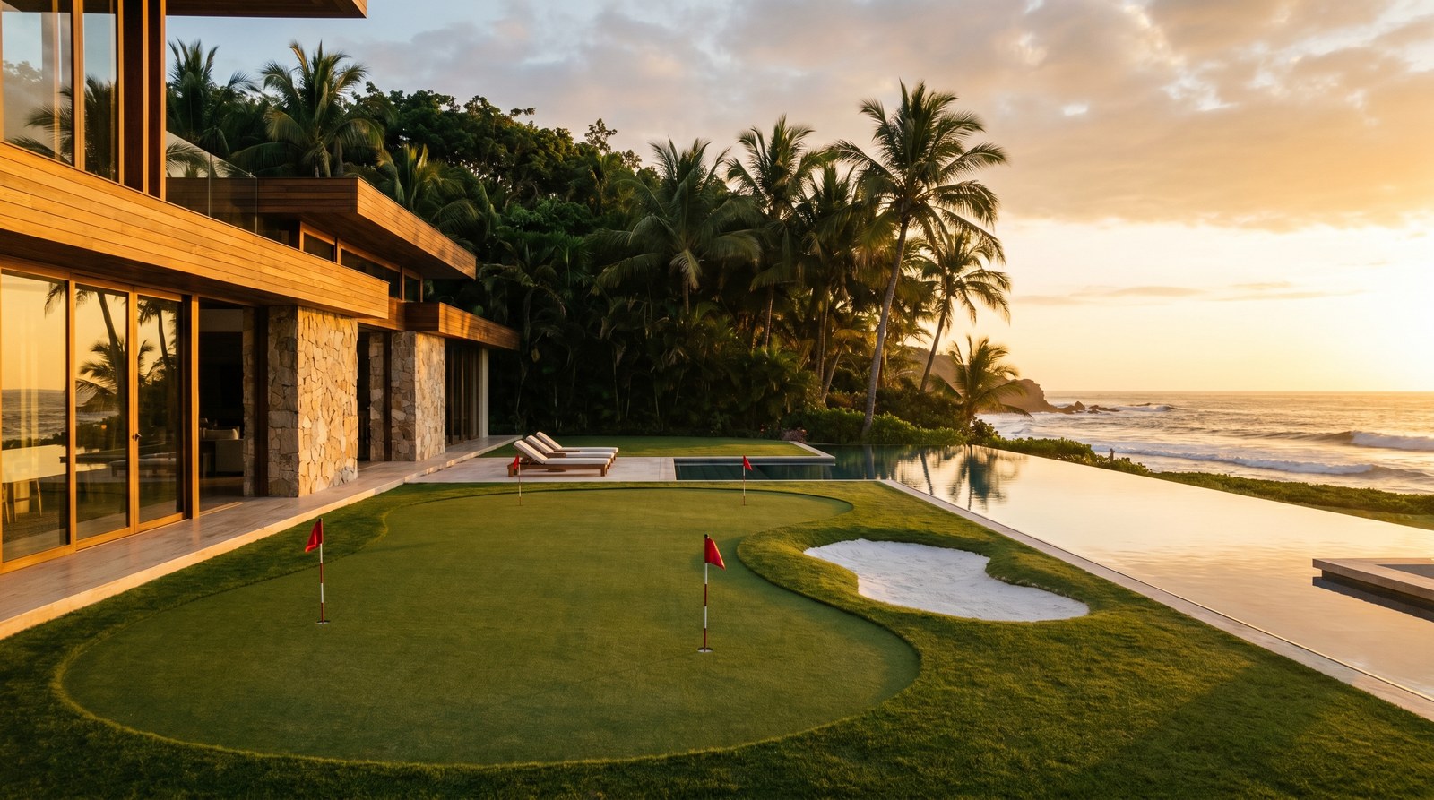 Putting green oceanfront premium instalado en villa de Punta Mita con vista al Pacífico al atardecer