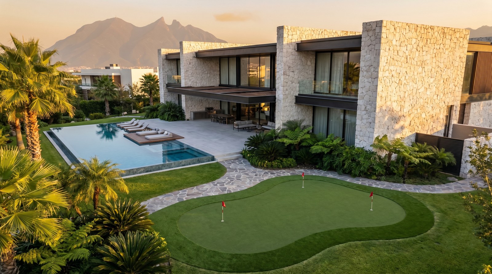 Vista aérea de residencia premium con putting green sintético integrado al jardín