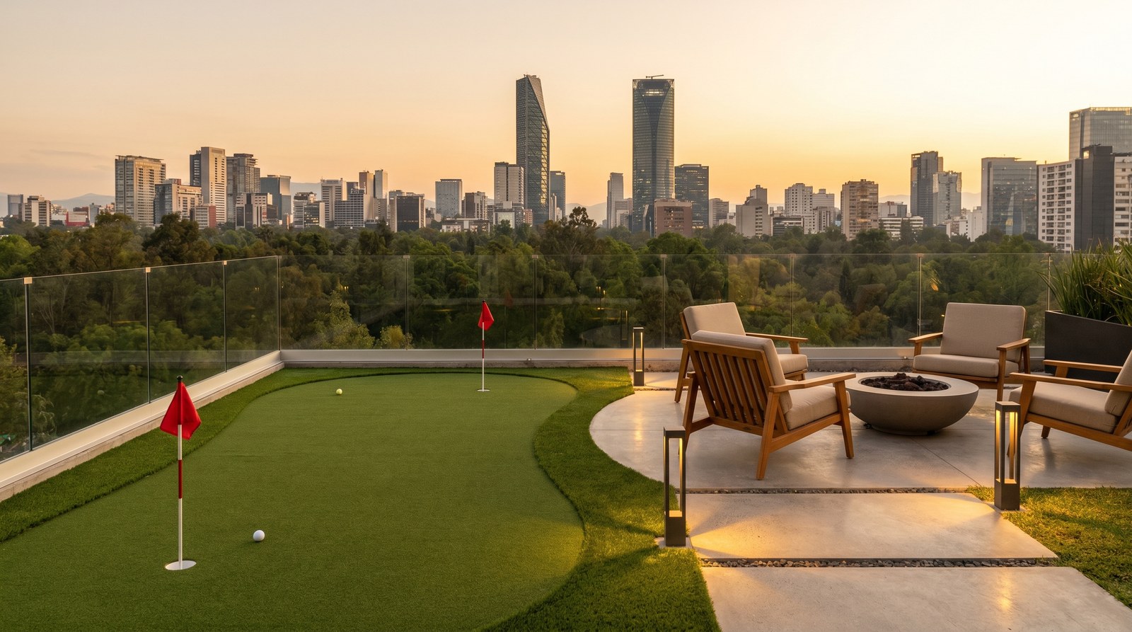 Putting green premium instalado en rooftop de penthouse con vista panorámica al atardecer en México