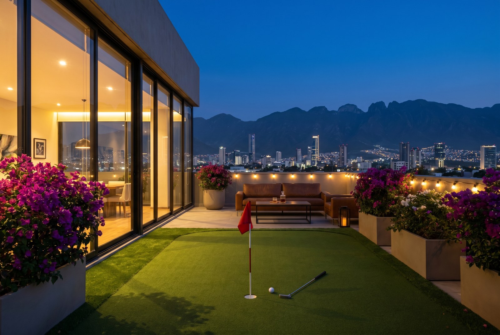 Caso real: putting green Compact 12 m² instalado en rooftop de penthouse Polanco CDMX con iluminación LED